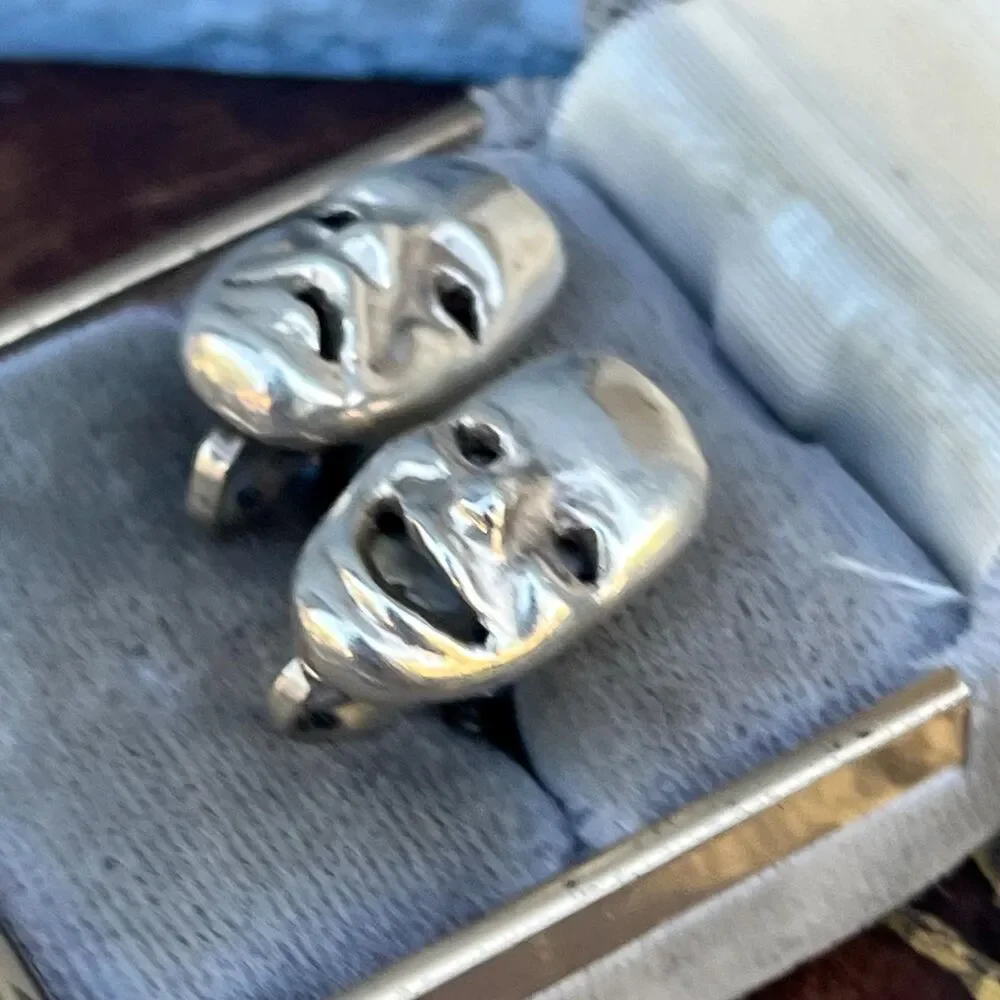 Sterling Silver Mexican Clip On Earrings Comedy Tragedy Mask Retro